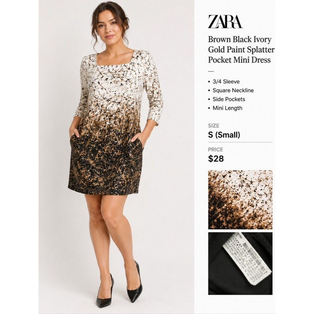 Zara Brown Black Ivory Gold Paint Splatter Pocket Mini Dress 3/4 Sleeve S